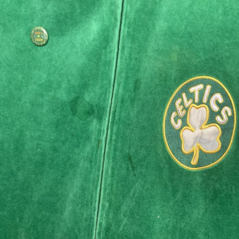 Boston Celtics Jacket Mens 2XL Green White NBA Basketball Velour Full Zip Warmup